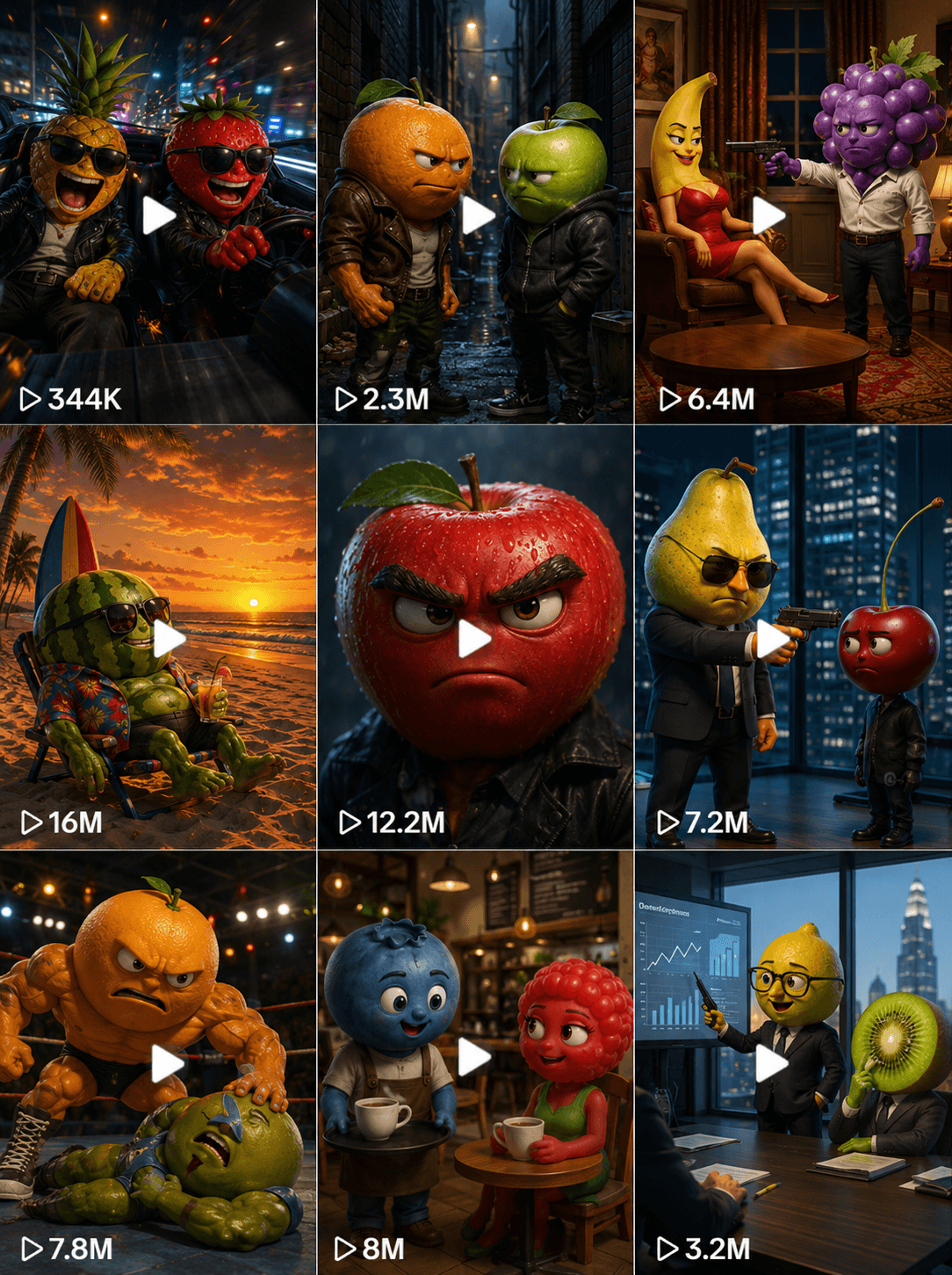 Grade de previews das frutinhas falantes